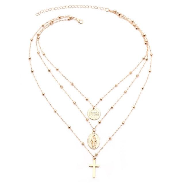 Bohemian Holy Cross and Virgin Mary Multi Layered Necklace